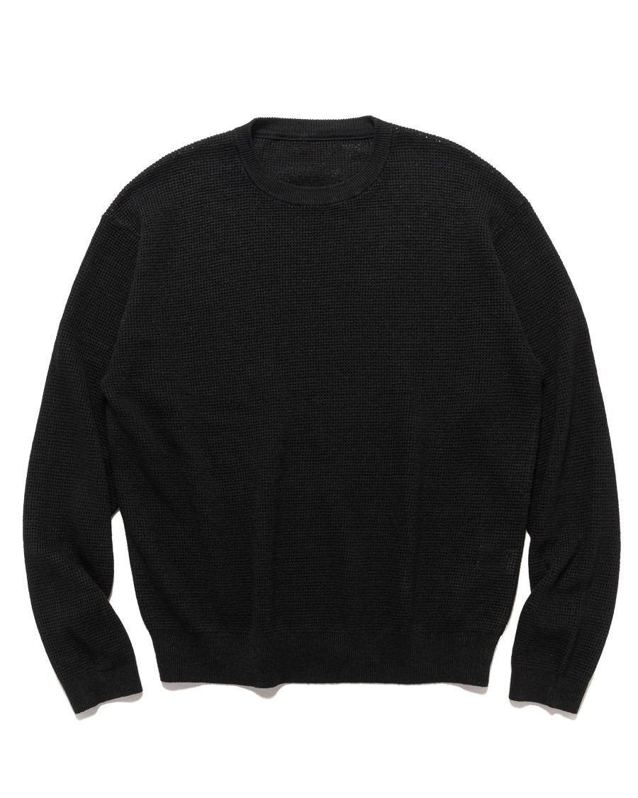 New Linen Mesh Oversized Crew Neck Knit Black Knits