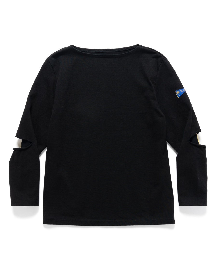 Wholesale 16/- Densed Jersey Elbow-Rip Boatneck Long Sleeve T Black T-Shirts