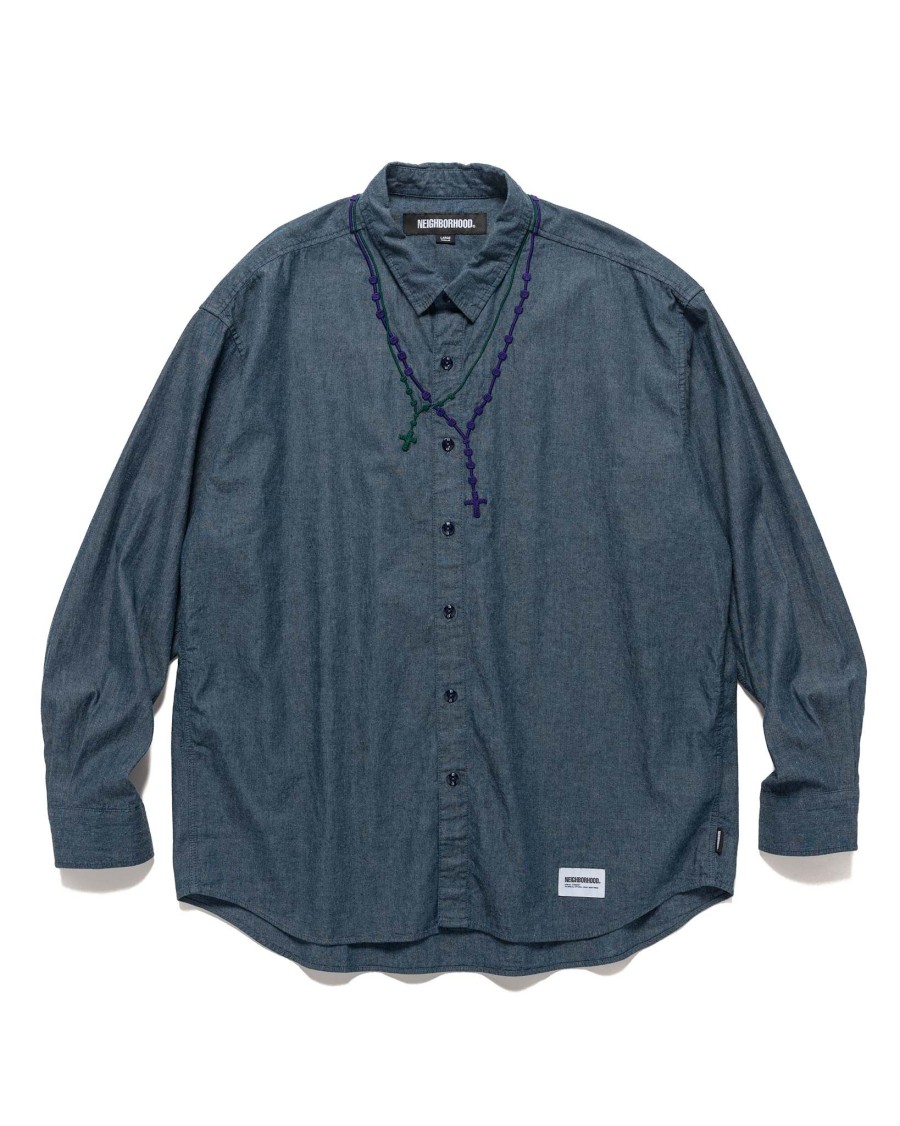 New Double Cross Embroidery Shirt Ls Indigo Shirts