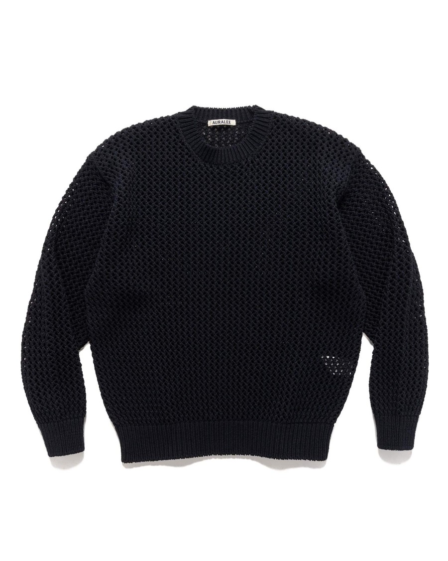 Clearance Cotton Lily-Yarn Mesh Knit P/O Dark Navy Sweaters