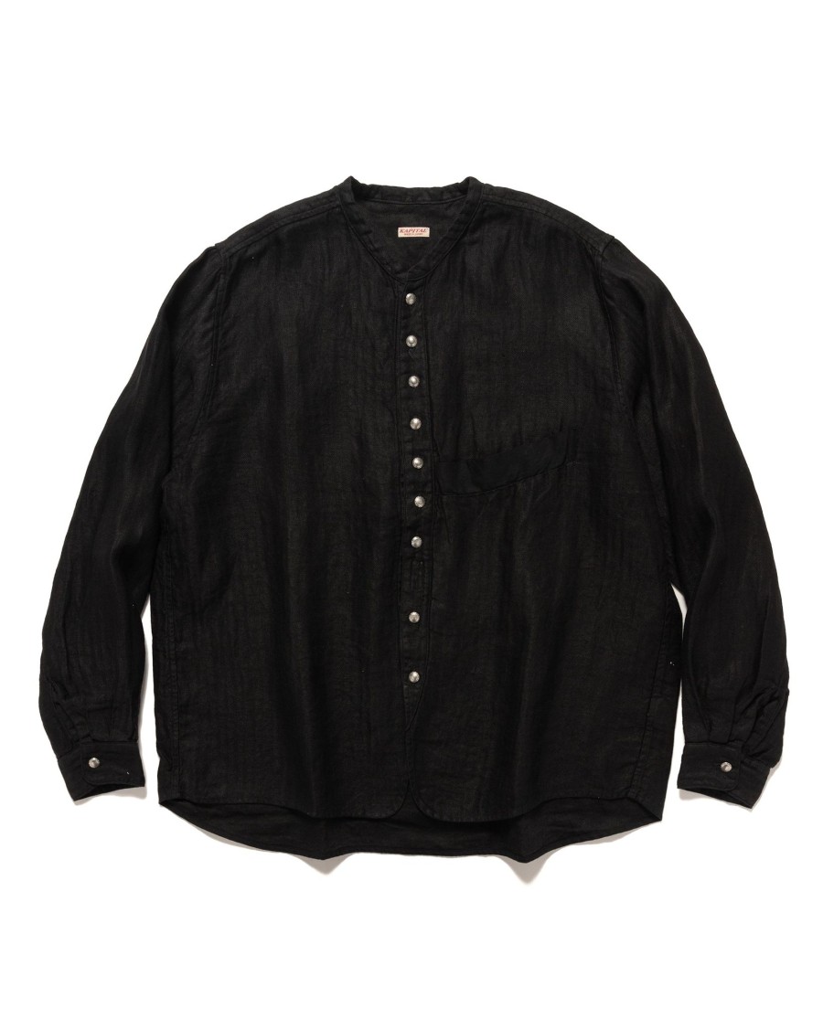 Hot Gauze Linen Herringbone Stand Penny Shirt Black Shirts